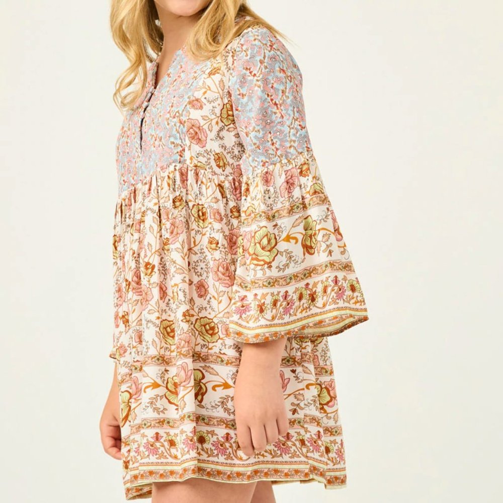 Girls Boho Paisley Floral Summer Bell Sleeve Tunic Mini Dress - FINAL CLEARANCE